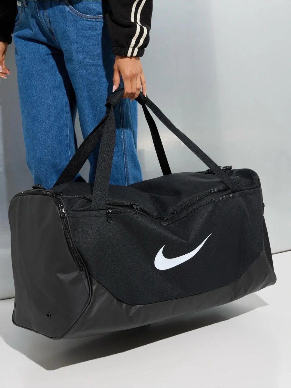NWT Nike Black Duffel Bag with White Swoosh and Logo Strap